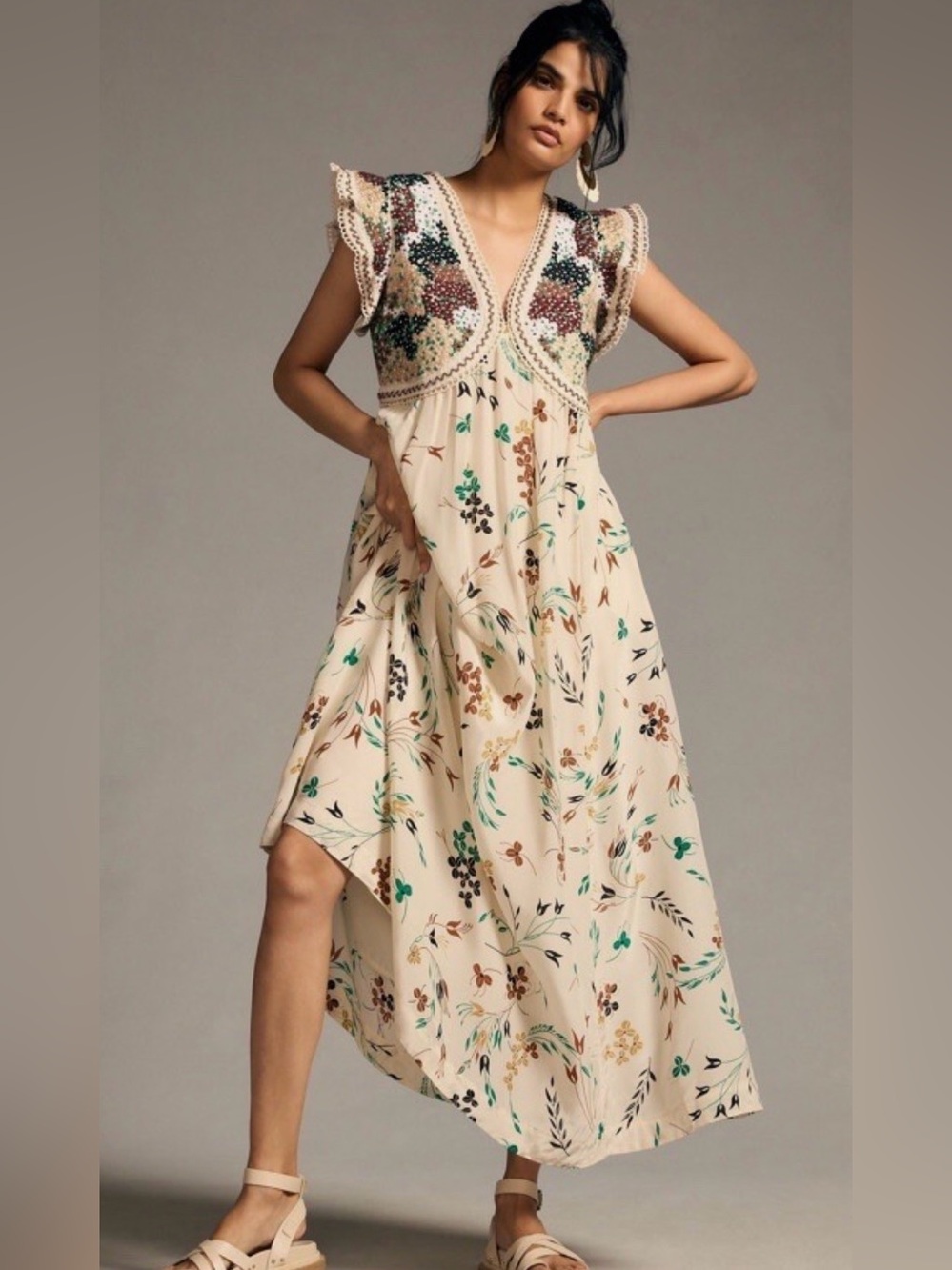 Anthropologie Floral Boho Maxi Dress with Green & Brown Floral Embroidery bodice